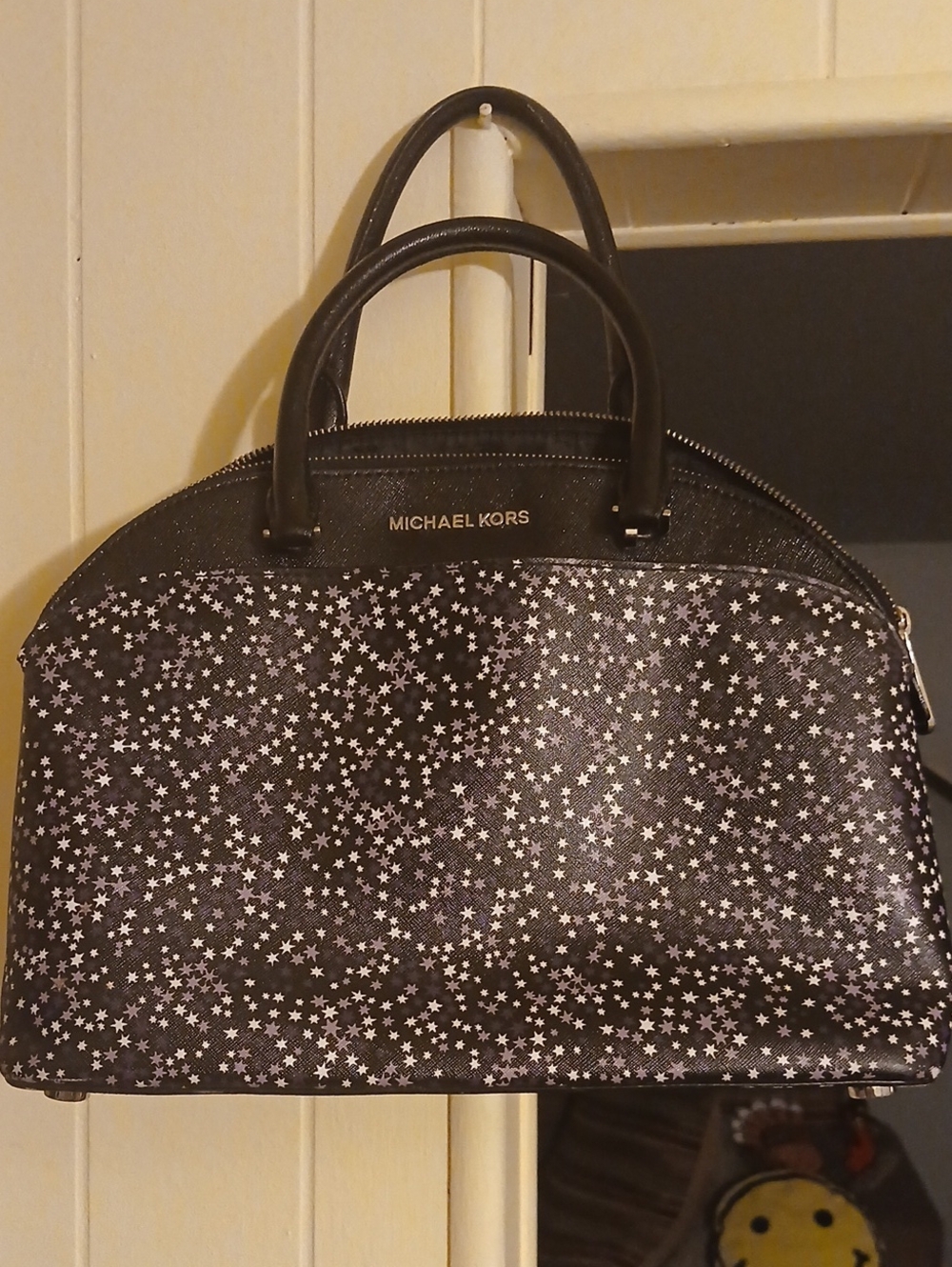Michael Kors Black And PURPLE Star-Print Dome Satchel with Silver Accents